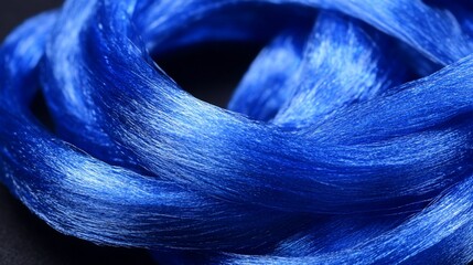 Close-up of coiled, shiny blue synthetic fiber.
