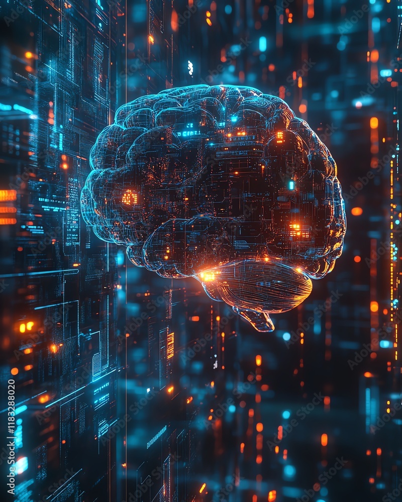 Aufkleber Artificial intelligence brain surrounded by glowing data streams and holographic interfaces, futuristic scifi design, ultrarealistic, high resolution, cinematic detail