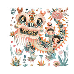 Obraz premium A colorful illustration of a Chinese lion dance with two children in traditional clothing.