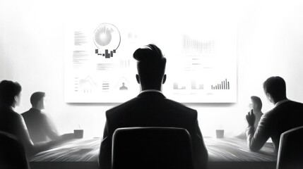 Strategic business meeting corporate office presentation professional environment front view decision-making insights
