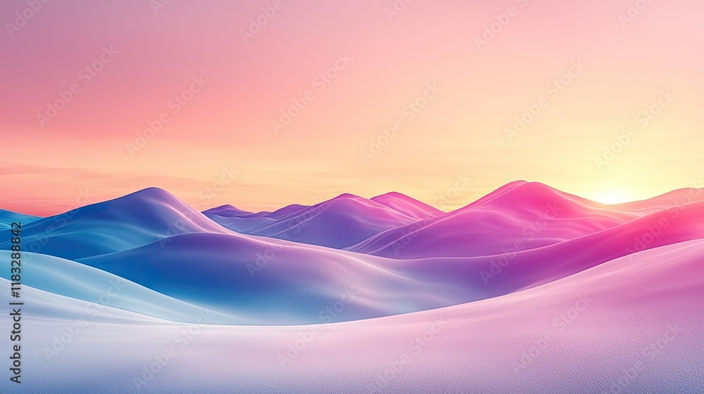 Poster Scenery abstract background idea. Serene abstract landscape with gentle waves and a gradient sunset in soft pastel colors.