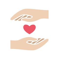 Heart in hand icon in flat color style