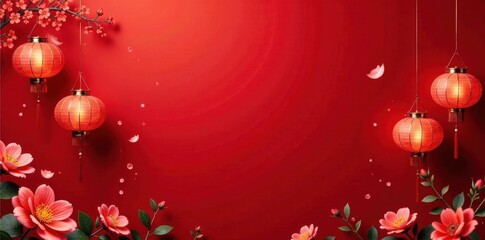 Vibrant lanterns & blooming flowers against a red background, graphic, prosperity, family
