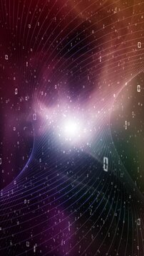 Loop dark colorful cyber network with binary numbers vertical animation.