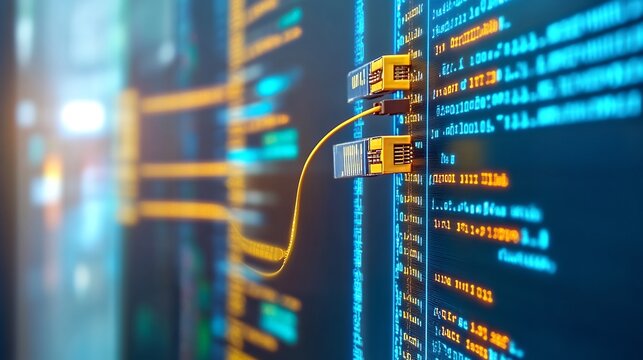 Close-up Photo: Vibrant Data Transfer Illustrated on Glowing Computer Screen. AI Generated