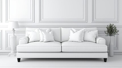 Minimal furniture idea. A modern, minimalistic white sofa adorned with plush cushions in a stylish room.