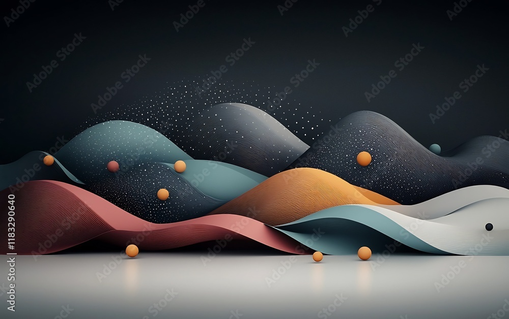 Poster moody abstract dark background with soft pastel dots and dynamic lines creating a wave like mountain