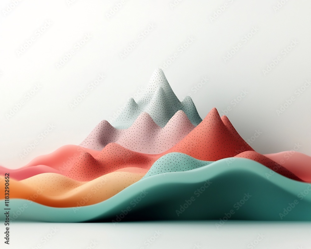 Poster pastel dreamscape rhythmic waves of dotted and linear patterns adorn minimalistic 3d mountainous lan