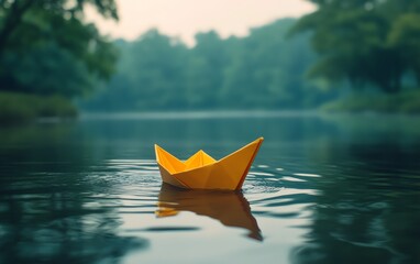 Yellow paper boat drifting on the smooth surface of a lake, clear water, soft lighting, tranquil and serene mood, highly detailed, 4K resolution