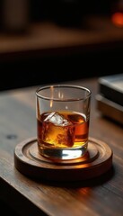 Wooden coaster with a single dram of luxury rum resting on it, glass coaster, liquor, dram
