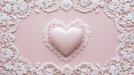 Pink heart rests on white lace doily frame