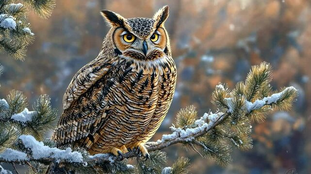 A great horned owl perched on a snow-covered pine branch in a serene winter forest. Festival of Owls Week, International Owl Awareness Day - Powered by Adobe