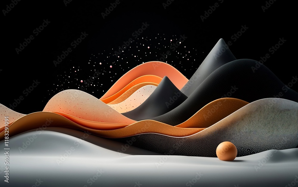 Poster dramatic abstract landscape with a deep black backdrop and a captivating wave pattern formed by past