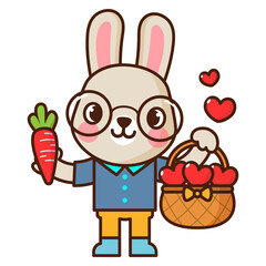 Valentines Day With Cute Rabbit, Cartoon cute rabbits in love, Cute Cartoon Bunny Holding Carrot and Basket