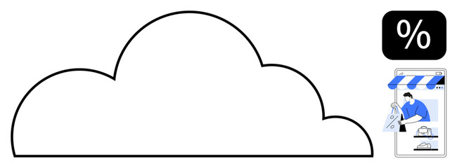 Cloud outline and percentage symbol, e-commerce storefront, shopping bag. Ideal for online retail, cloud storage, e-commerce solutions, digital marketing, discounts, cyber security remote shopping