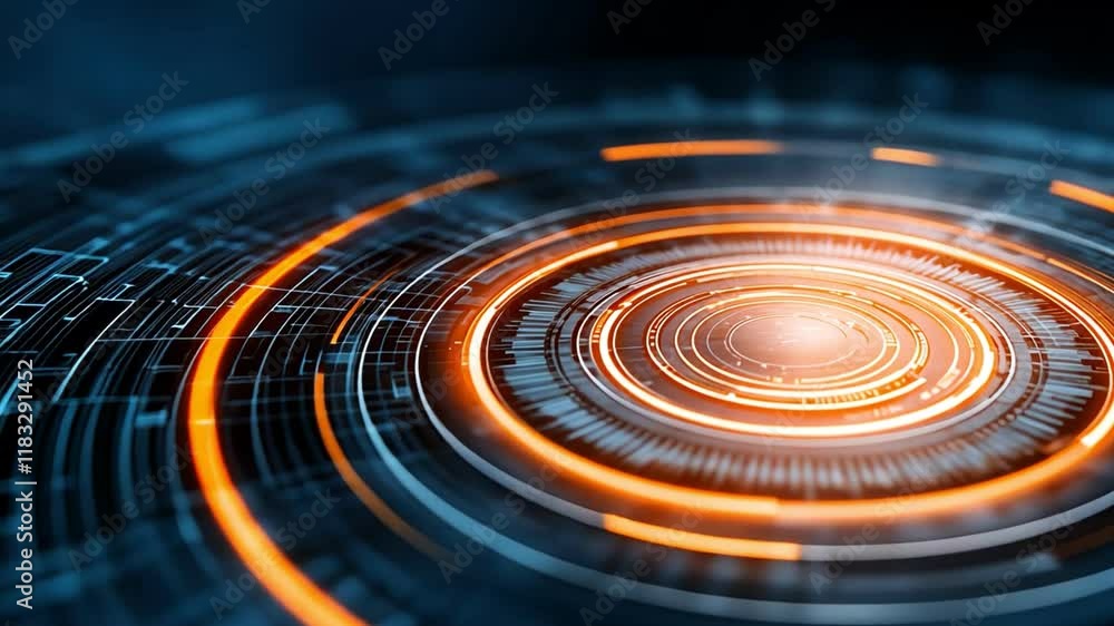 Poster abstract digital circular design with glowing effects in a dark background.