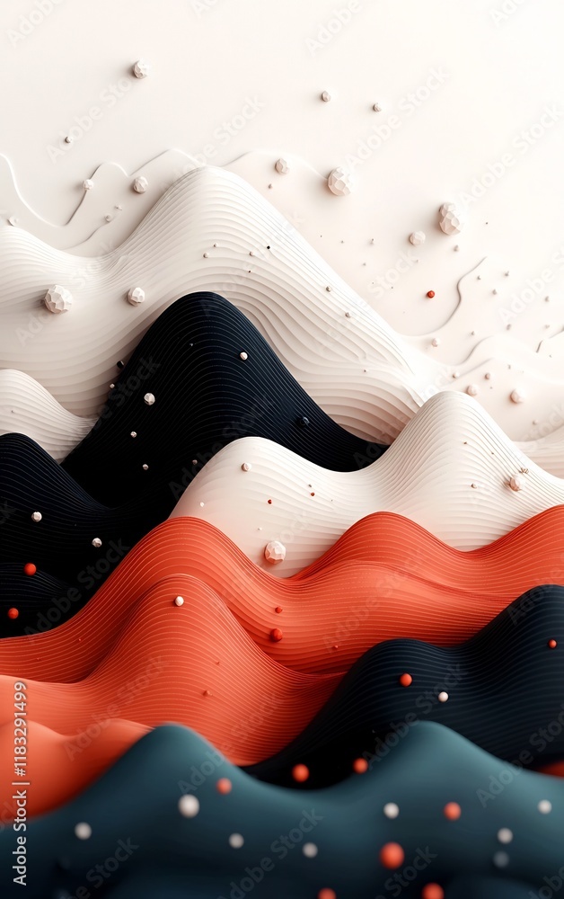 Poster pastel hued mountainous waves with intricate dot and line patterns cascading across an abstract 3d b