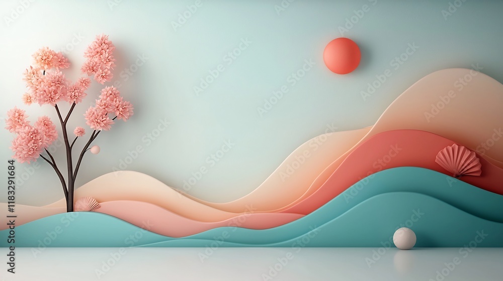 Poster vibrant pastel seascape with undulating pastel waves and shimmering pastel reflections created throu