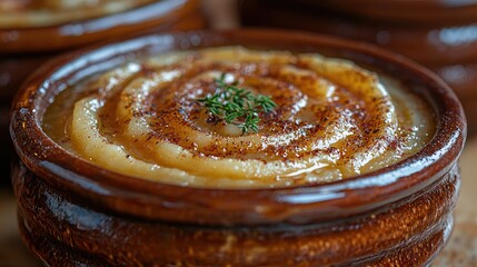 Creamy Onion Soup in Earthenware Bowls