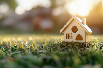 House symbol with location pin icon on earth and green grass in real estate sale or property investment concept