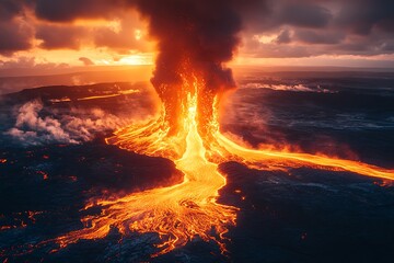Spectacular Aerial View of a Volcanic Eruption at Sunset, Molten Lava Flows