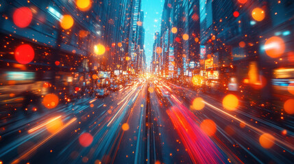 Obraz premium Busy street aerial photography capturing an evening rush hour with light trails forming vibrant patterns