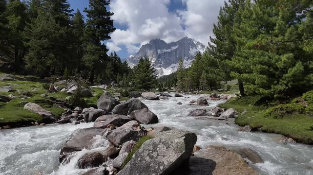 Aerial video over the Indus River and beautiful views at Qumran Village Skardu