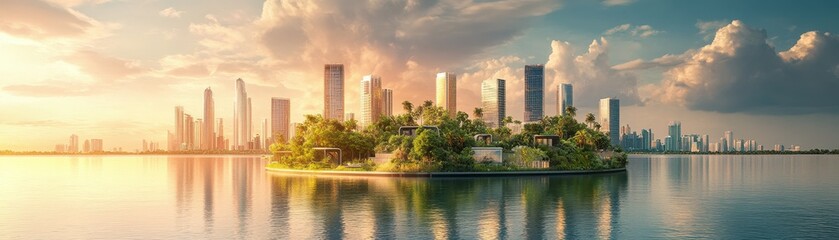 Stunning Modern Cityscape with Skyscrapers and Lush Green Island at Sunset Reflecting on Calm Water
