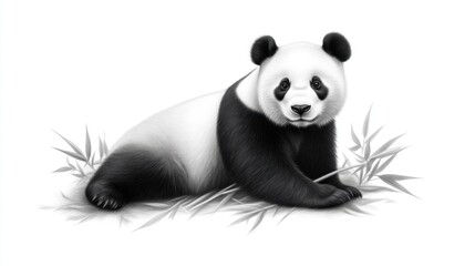 Naklejka premium Panda relaxing with bamboo natural habitat wildlife photography serene environment close-up view conservation concept