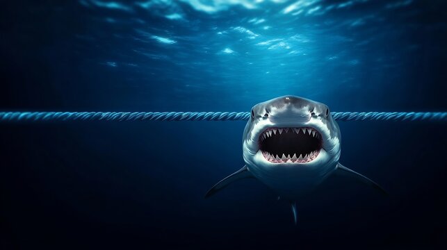 Great White Shark Underwater Photo: Majestic Predator Looms Below Surface. AI Generated