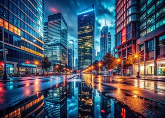 Fototapeta premium Night Cityscape: Illuminated Buildings and City Lights at Night