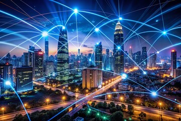 Fototapeta premium Night Cityscape: Resilient Network, Data Flow, Continuous Operation, Cyber Security, Digital Infrastructure