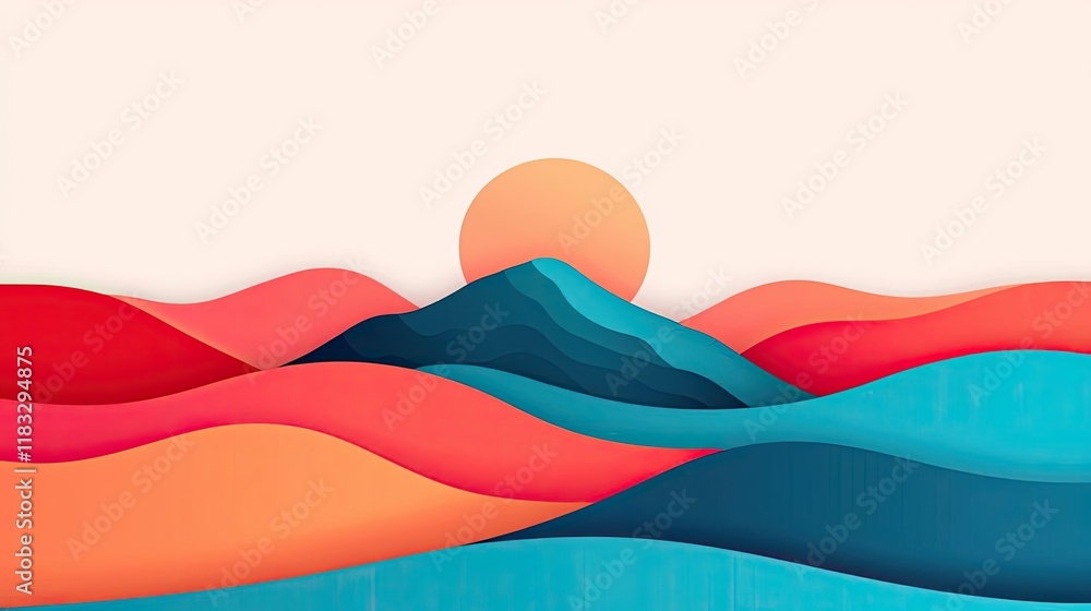 Poster scenery abstract background idea. colorful abstract landscape with wavy layers and a serene sun sett