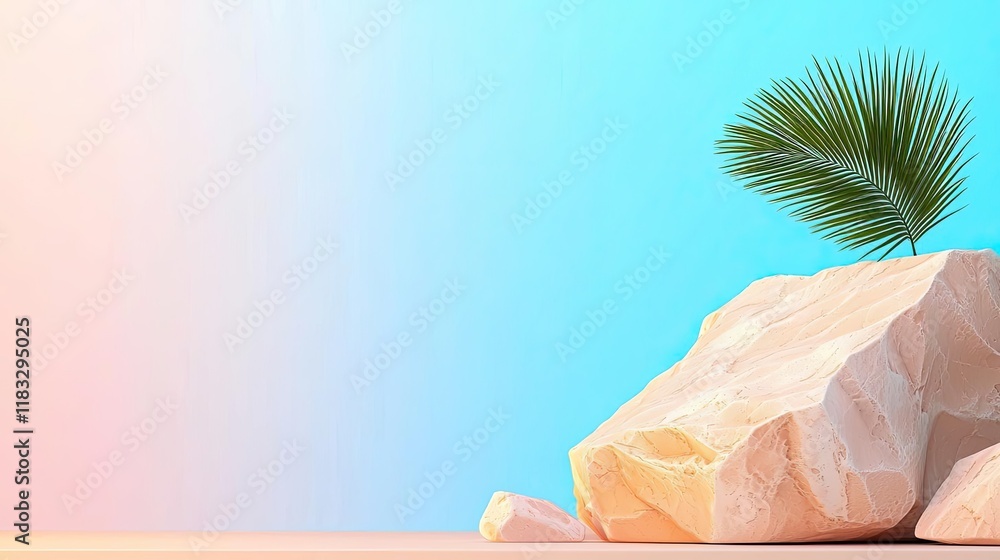 Poster scenery abstract background idea. a vibrant palm leaf rests atop a smooth rock against a gradient bl