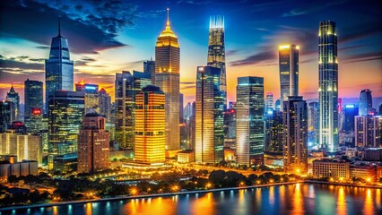 Fototapeta premium Night City Skyline Panorama: Illuminated Urban Landscape with Copy Space