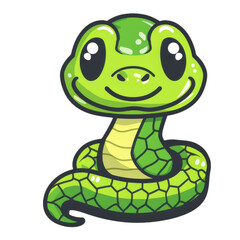 A cute cartoon green snake with big eyes and a smile.