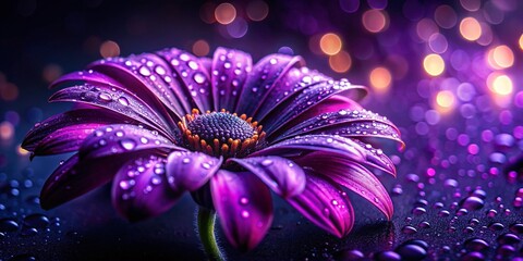 Night Dew Drops on Purple Flower - Macro Photography Stock Image