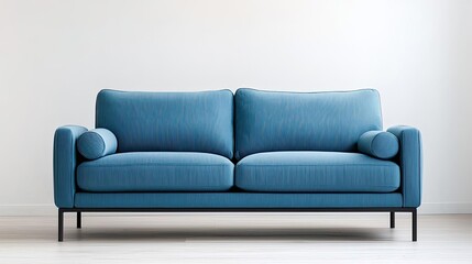 Fototapeta premium Minimal furniture idea. Modern blue sofa in a minimalist living space for stylish comfort and relaxation.