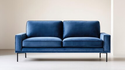 Minimal furniture idea. A stylish blue velvet sofa enhancing modern living space aesthetics.