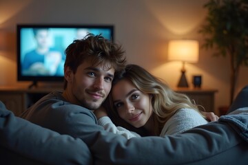 Naklejka premium Young couple cuddling on the sofa and watching movie on TV at home.