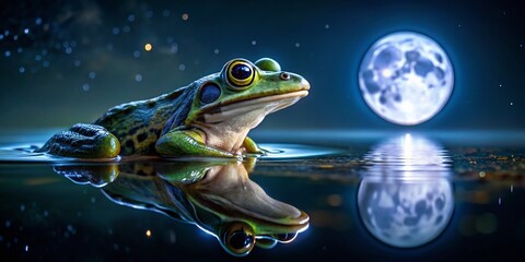 Naklejka premium Night Frog Swim: Amphibian in Dark Water, Illuminated by Moonlight