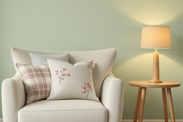 Beige armchair with decorative cushions featuring patterns, next to a wooden side table with a lamp, against a light green wall. Cozy home decor. Ai generative