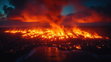 Fototapeta premium Volcano aerial photography capturing a lava flow glowing brightly at night against the dark landscape