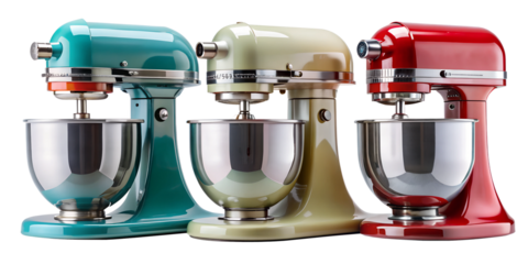 three vintage style kitchen stand mixers in different color cut out