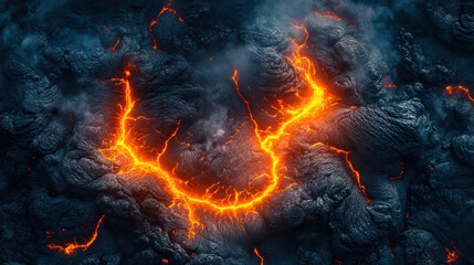 Volcano aerial photography capturing molten lava flows glowing against the dark, rugged terrain