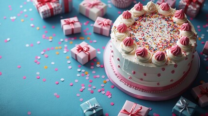 Festive Birthday Cake with Presents and Confetti