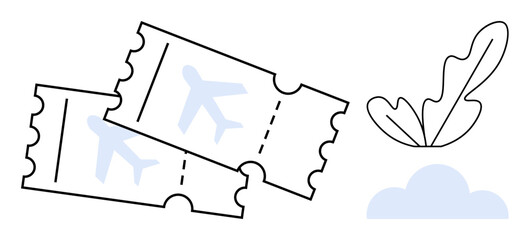 Two airplane tickets, airplane icons, cloud, leaf. Ideal for travel, booking, vacations, tourism adventure flight holidays. Minimalist abstract line flat metaphor