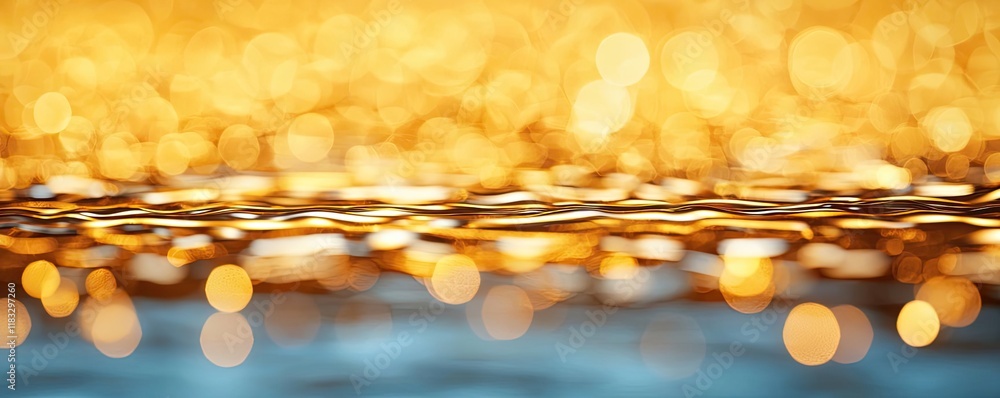 Poster Gold abstract background concept. A shimmering surface with golden bokeh lights creating a tranquil, reflective scene.