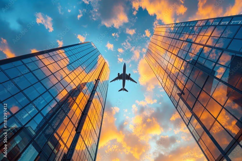 Poster airplane flying between two reflective glass buildings capturing the glowing sunset sky and clouds i