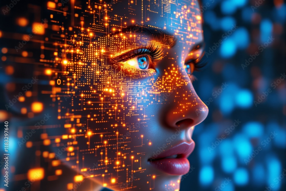 Poster close-up of a woman's face overlaid with glowing orange digital circuits in a futuristic style on a 